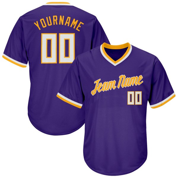 Men's Custom Purple White-Gold Authentic Throwback Rib-Knit Baseball Jersey Shirt